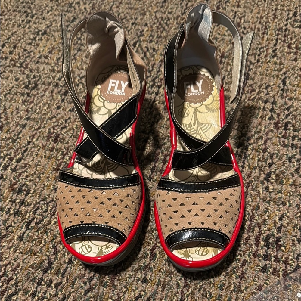 Fly London Tan and Black Strappy Sandals